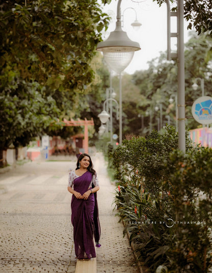 Traditional Wine Khadi Cotton Saree With Handcraft Printed Blouse