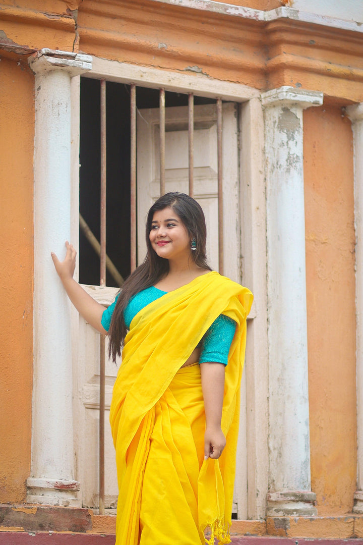 Yellow Khadi Cotton Saree - Gopi Kanya