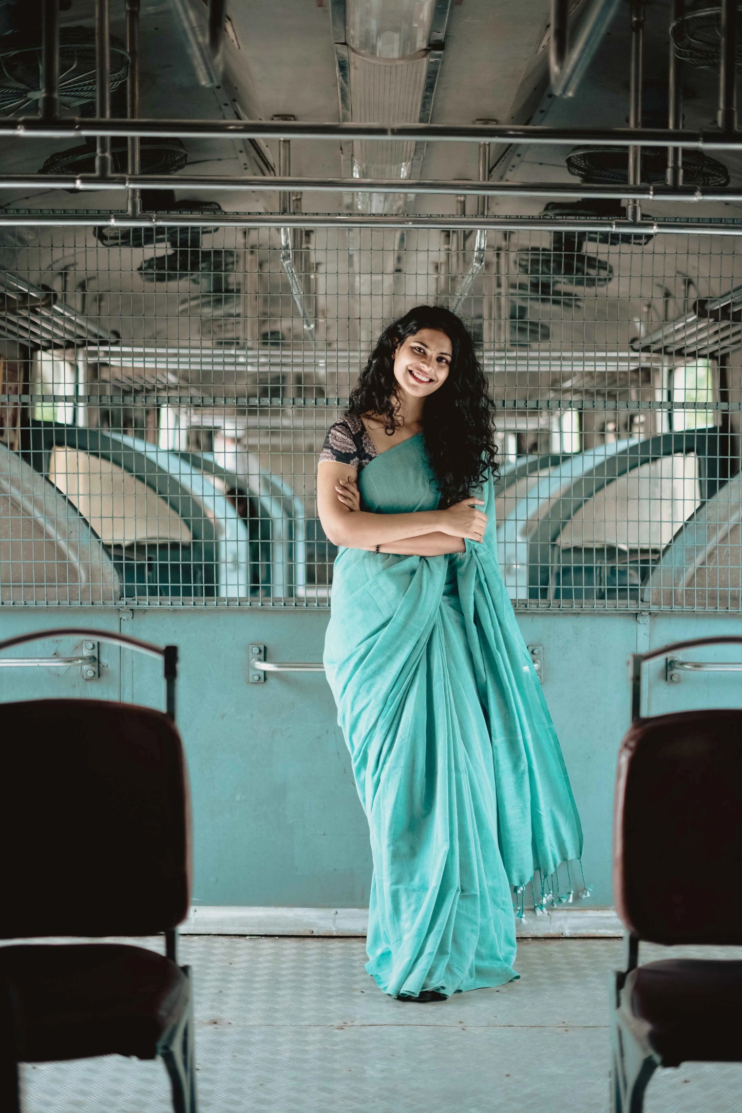 Sea Green Cotton Saree With Black Printed Blouse