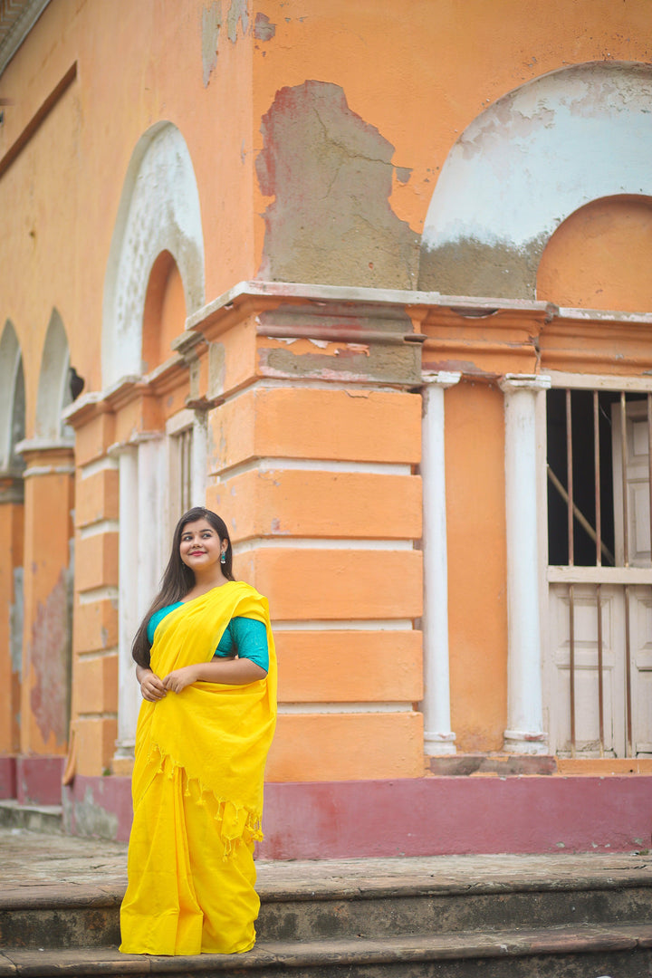 Yellow Khadi Cotton Saree - Gopi Kanya