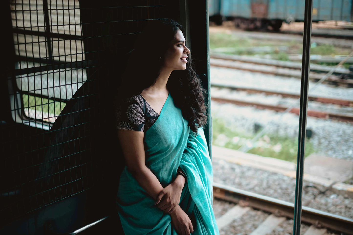 Sea Green Cotton Saree With Black Printed Blouse