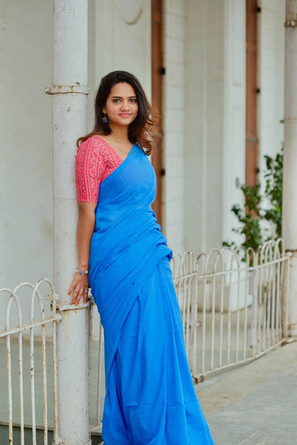 Creative Blue Handloom Cotton Saree With Traditional Zigzag Pink Printed Blouse - Gopi Kanya