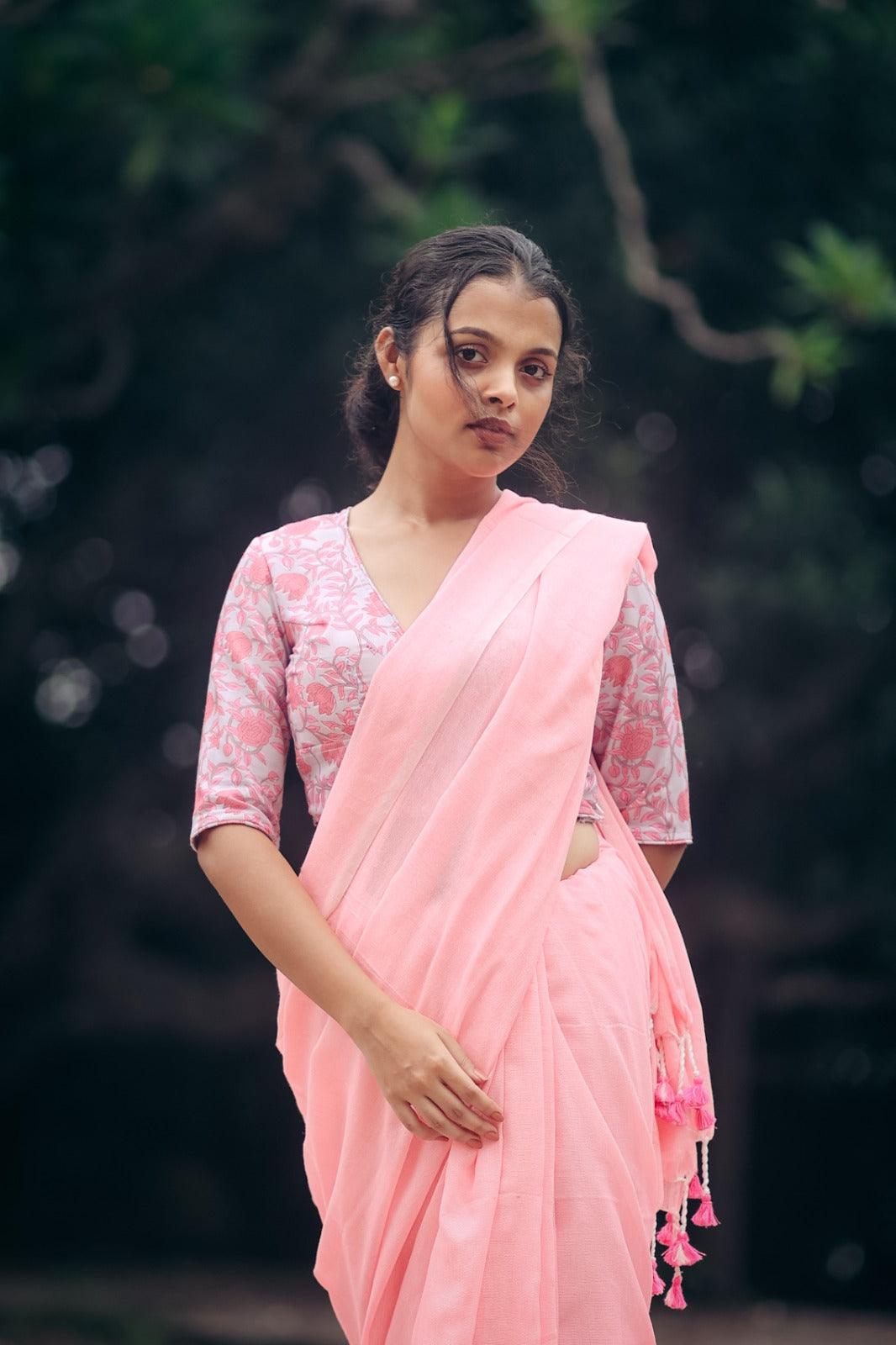 Cool Pink Handloom Cotton Saree With Traditional Pink Printed Blouse - Gopi Kanya