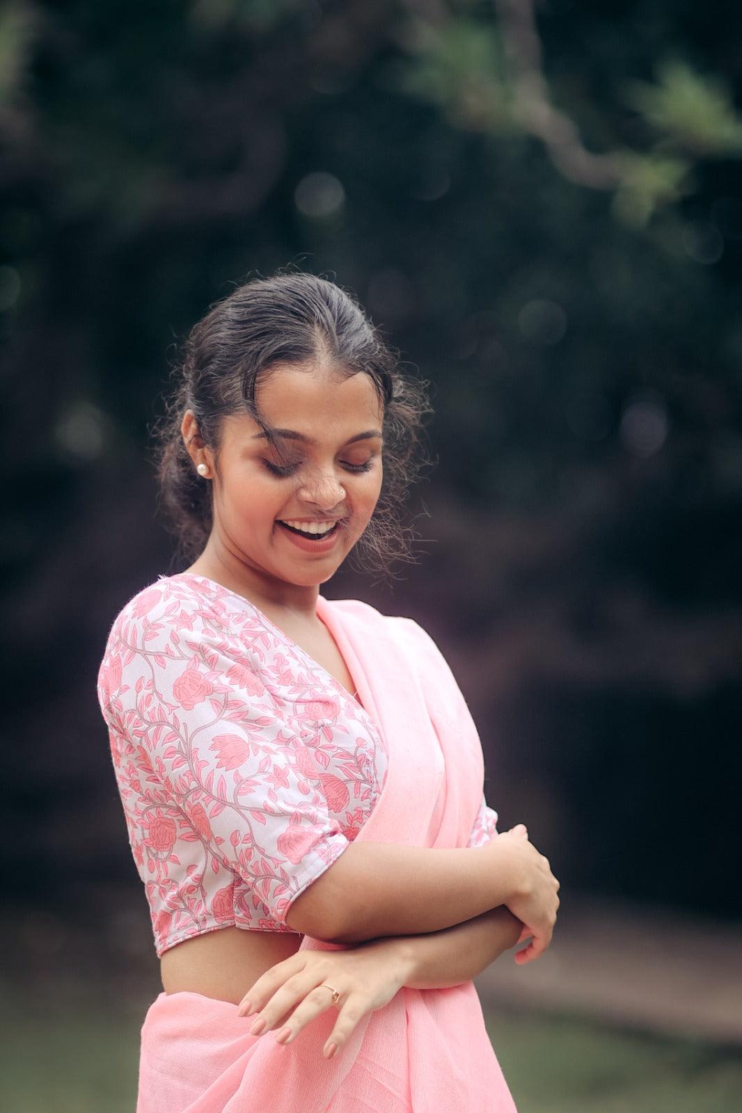 Cool Pink Handloom Cotton Saree With Traditional Pink Printed Blouse - Gopi Kanya