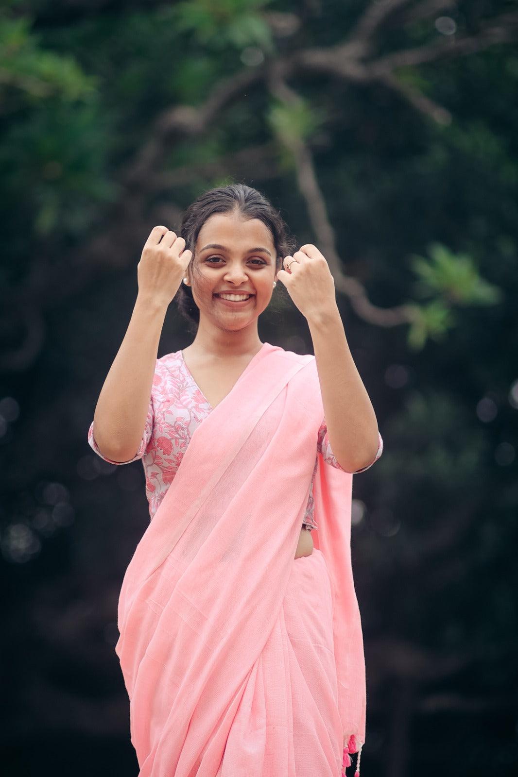 Cool Pink Handloom Cotton Saree With Traditional Pink Printed Blouse - Gopi Kanya