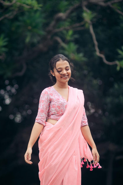 Cool Pink Handloom Cotton Saree With Traditional Pink Printed Blouse - Gopi Kanya