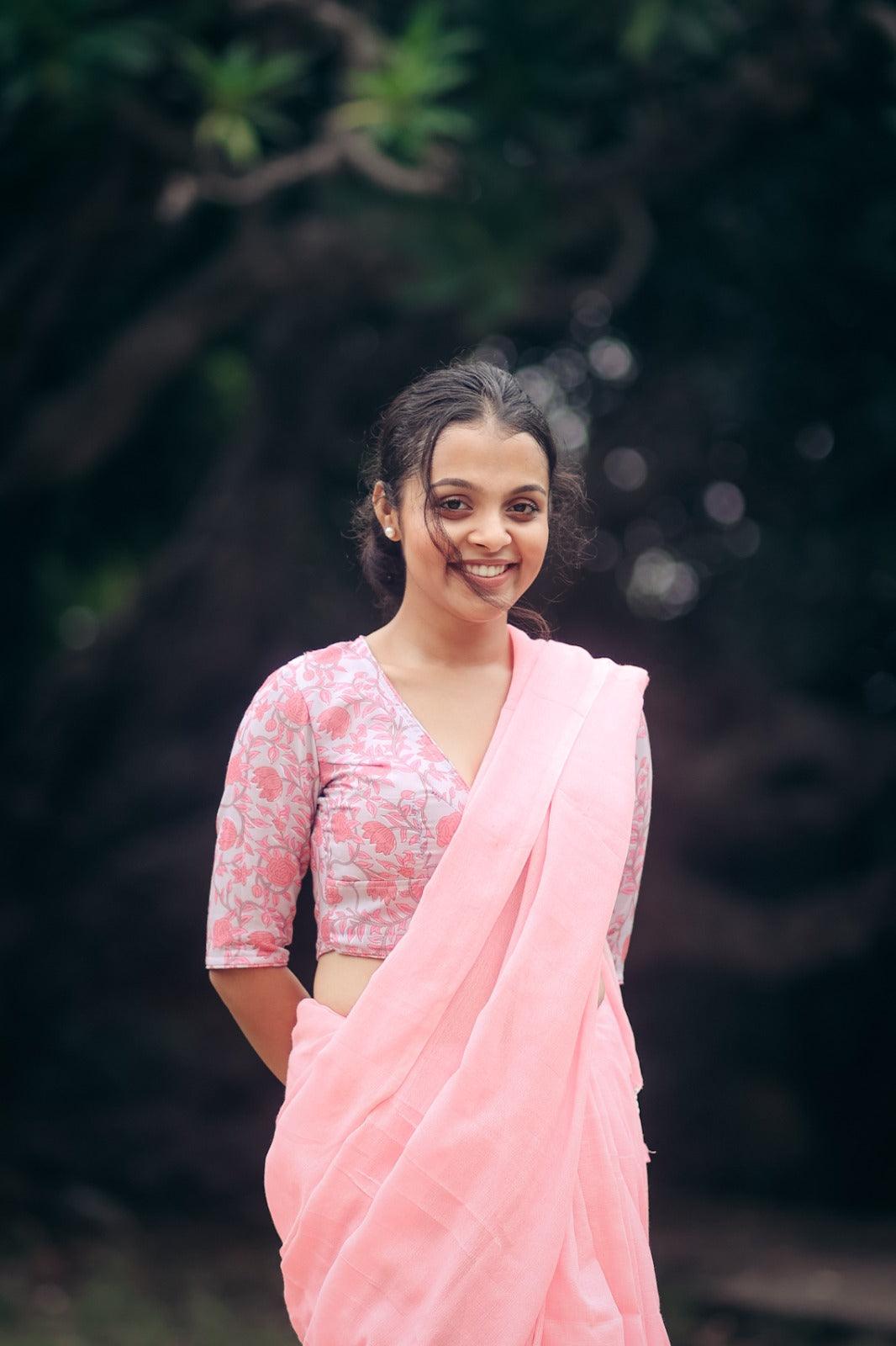 Cool Pink Handloom Cotton Saree With Traditional Pink Printed Blouse - Gopi Kanya