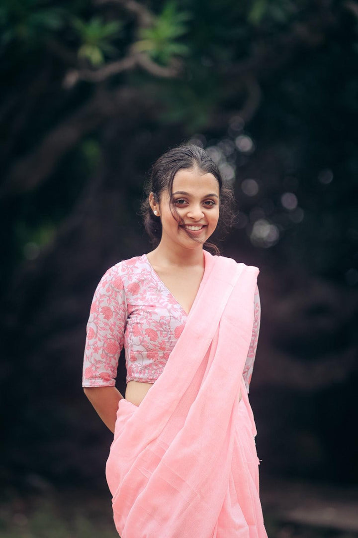 Cool Pink Handloom Cotton Saree With Traditional Pink Printed Blouse - Gopi Kanya