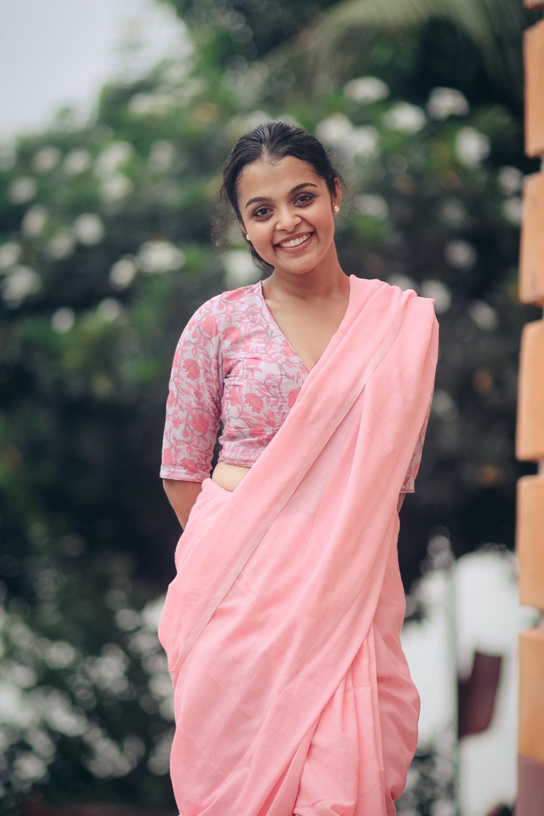 Cool Pink Handloom Cotton Saree With Traditional Pink Printed Blouse - Gopi Kanya