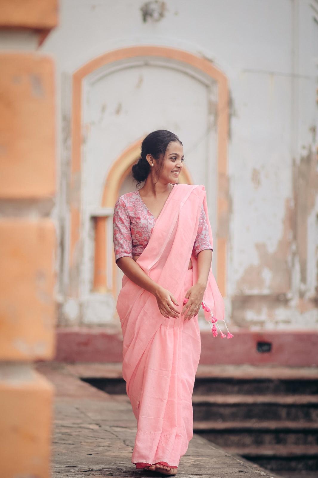 Cool Pink Handloom Cotton Saree With Traditional Pink Printed Blouse - Gopi Kanya