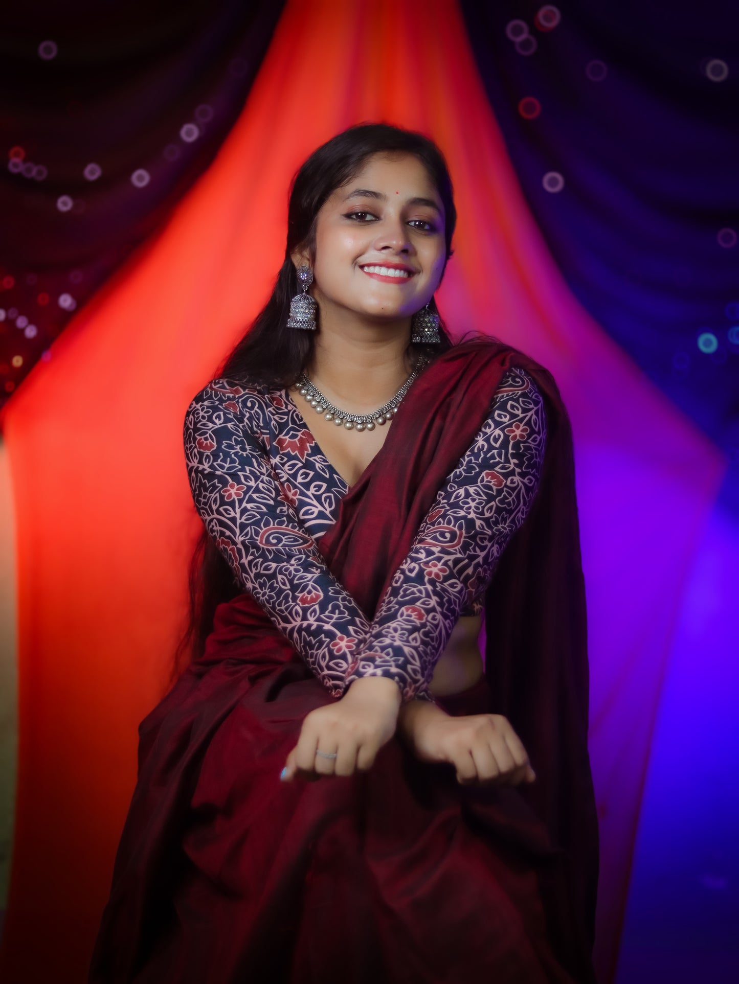 Maroon Khadi Cotton Saree with Printed Blouse