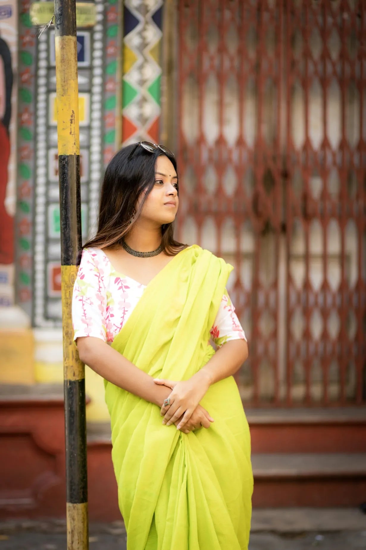 Lemon Green Khadi Saree With Floral Print Blouse