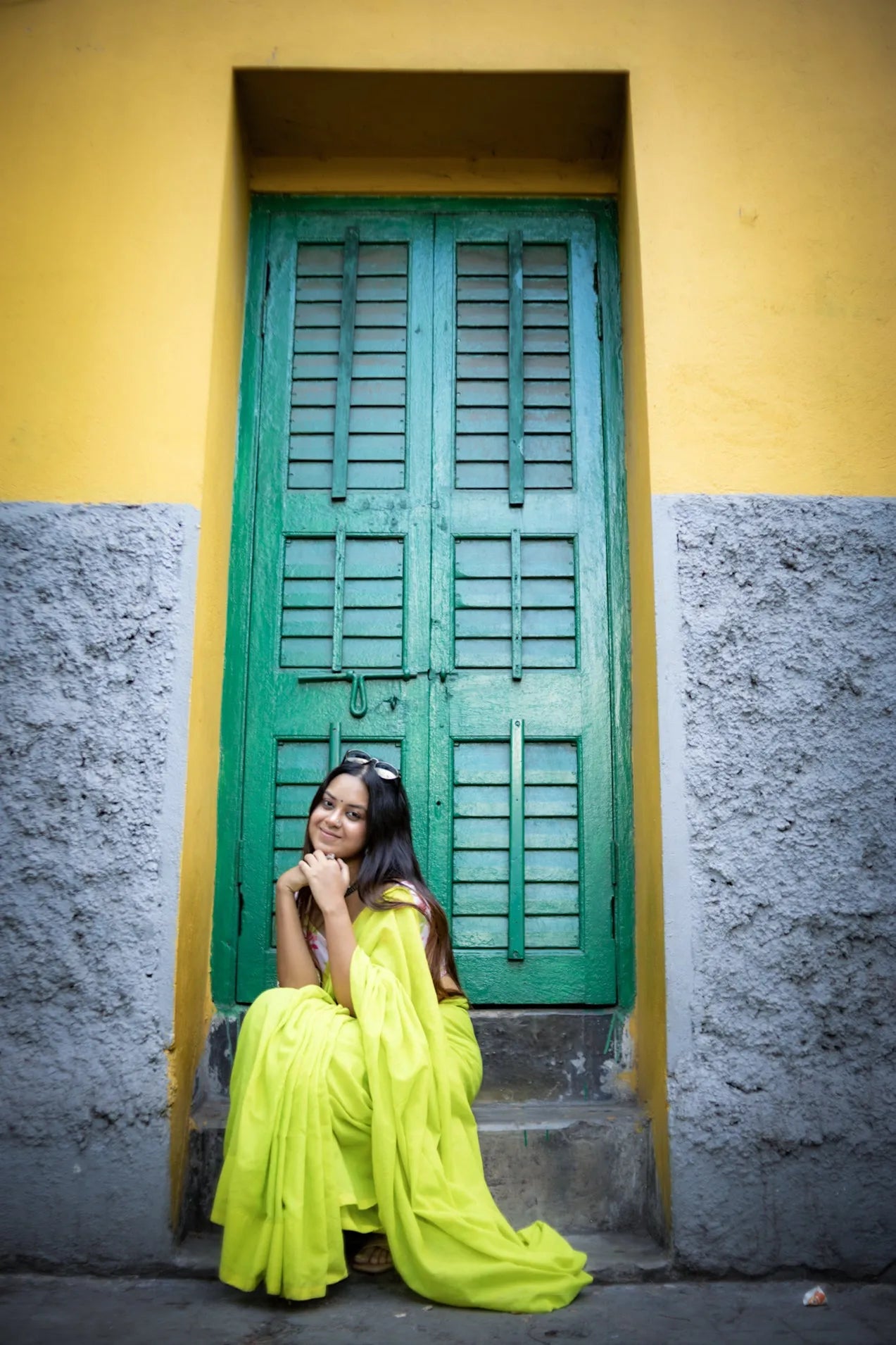 Lemon Green Khadi Saree With Floral Print Blouse