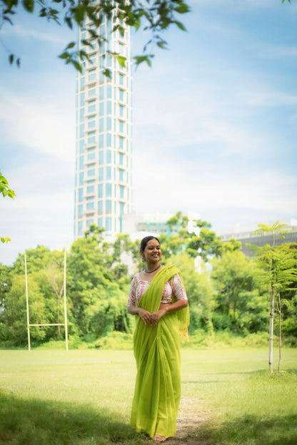 Lemon Green Khadi Saree With Floral Print Blouse