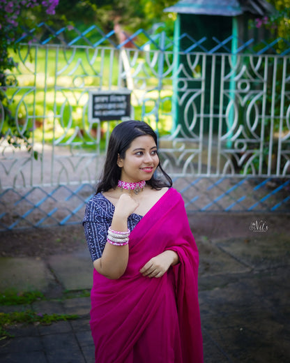 Dark Pink Cotton Saree With Black Printed Blouse