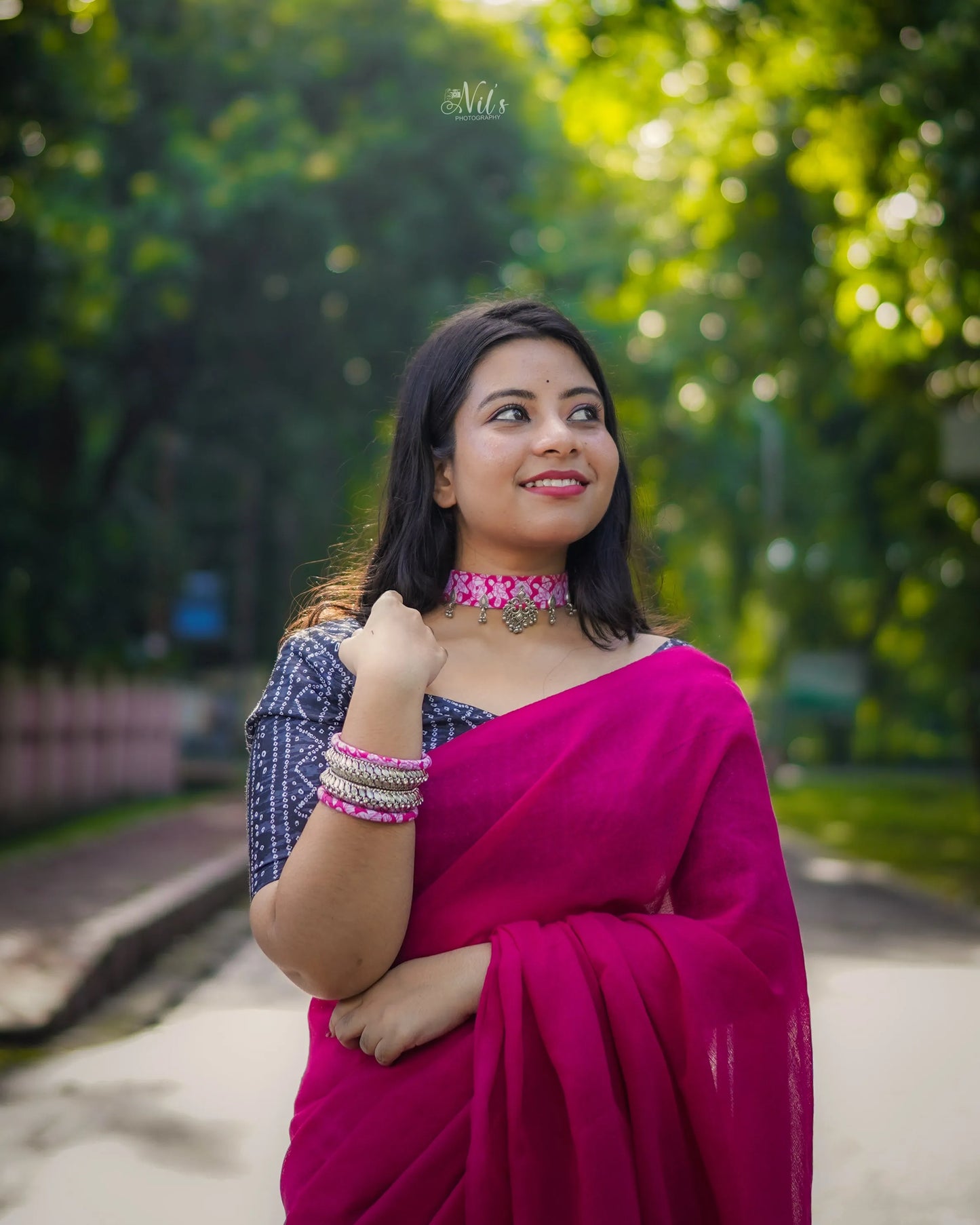 Dark Pink Cotton Saree With Black Printed Blouse