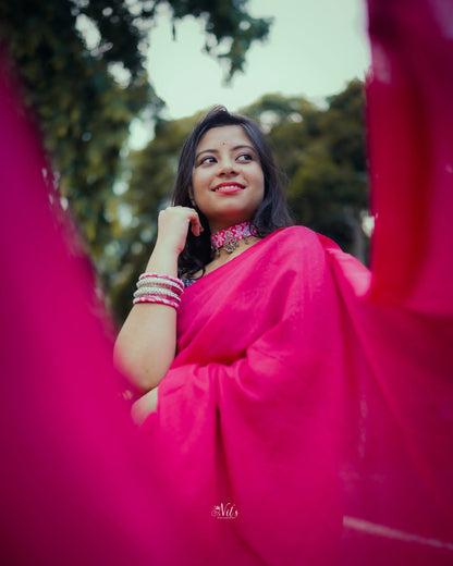 Dark Pink Cotton Saree With Black Printed Blouse