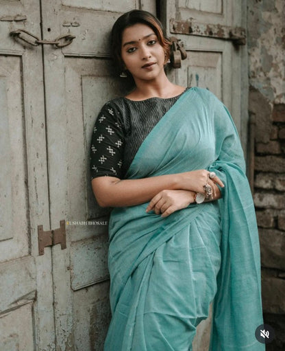 Sea Green Khadi Cotton Saree with Printed Blouse