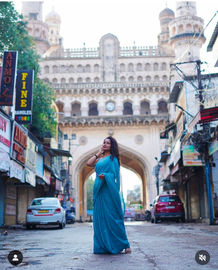 Simply Sea Green Cotton Saree with Printed Blouse