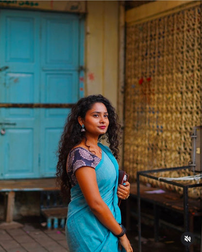 Simply Sea Green Cotton Saree with Printed Blouse