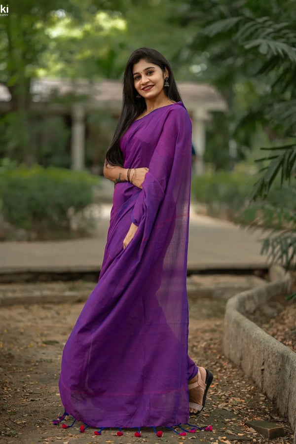 Purple Khadi Cotton Saree With Pink Printed Blouse