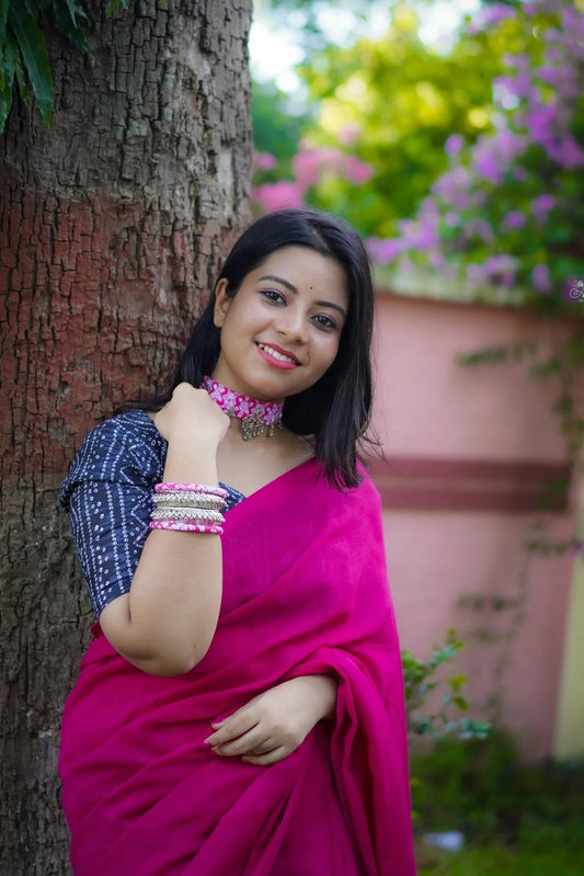 Dark Pink Cotton Saree With Black Printed Blouse