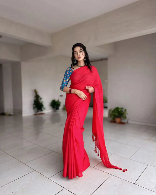 Red Khadi Cotton Saree With Blue Printed Blouse