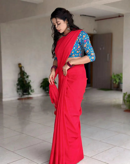 Red Khadi Cotton Saree With Blue Printed Blouse