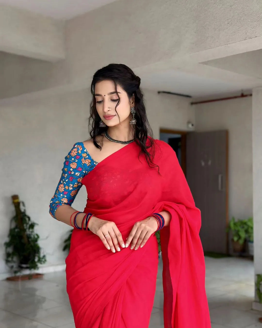 Red Khadi Cotton Saree With Blue Printed Blouse