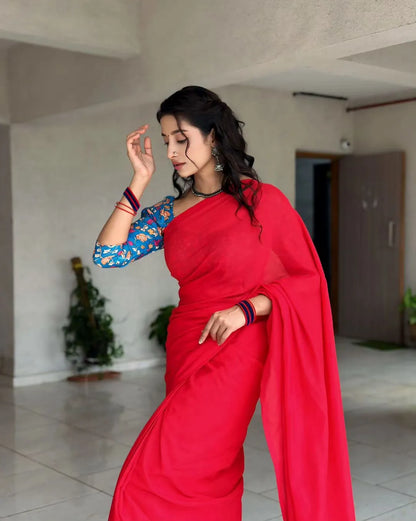 Red Khadi Cotton Saree With Blue Printed Blouse