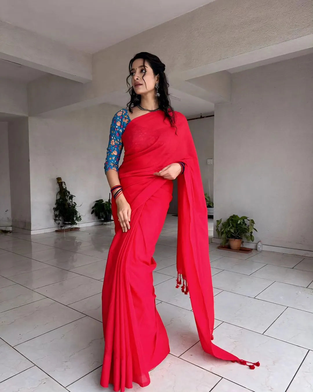 Red Khadi Cotton Saree With Blue Printed Blouse