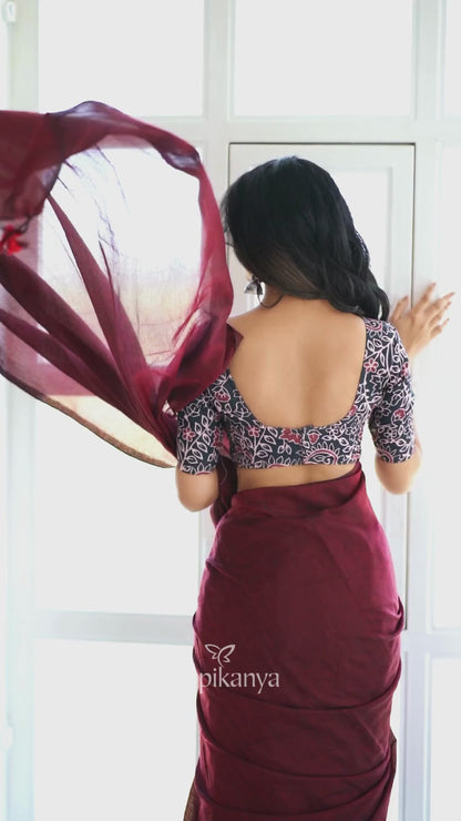 Maroon Khadi Cotton Saree With Leaf Printed Blouse