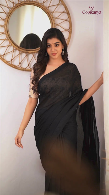 Black Handloom Cotton Saree With Chiku Printed Blouse